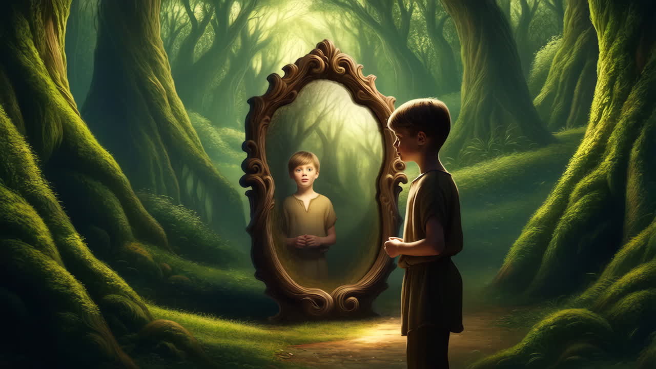 Boy Looking at His Reflection in an Enchanted Forest Mirror