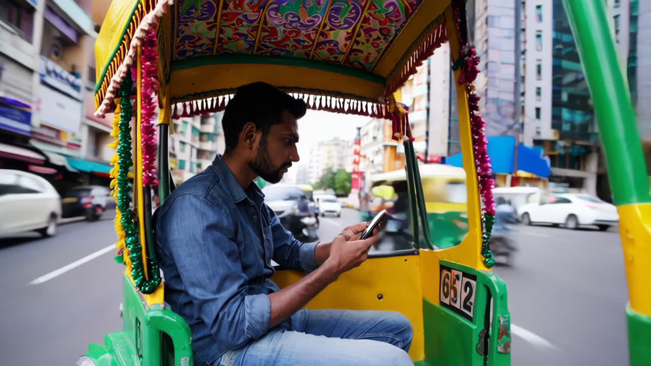 A man uses a smartphone while riding in an auto-rickshaw on a city street