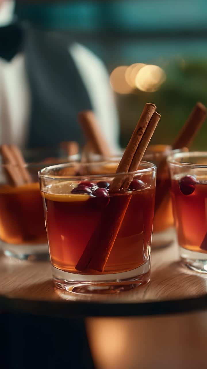 Köstliche Urlaubs-Cocktails, verziert mit Zimtstangen und Cranberries, wunderschön serviert auf einem Holztablett, perfekt für festliche Feiern und Zusammenkünfte
