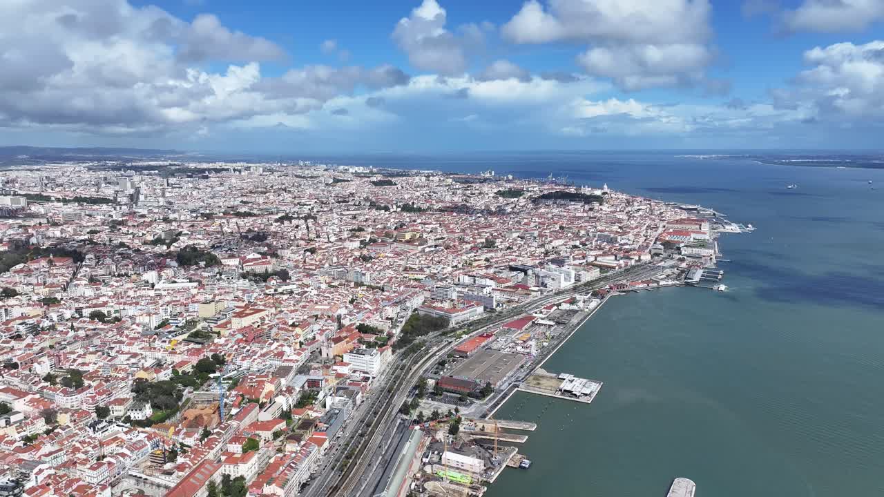 Lisbon Skyline At Lisbon In District Of Lisbon Portugal. Coastline Scenery. Beautiful Cityscape. Lisbon Skyline At Portugal. Historical City Landscape. Tourism Landmark.