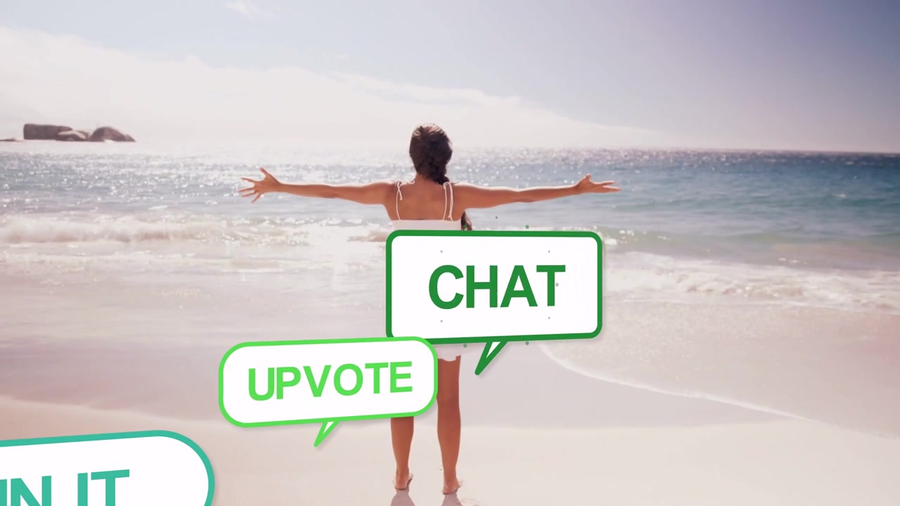 Kvinde strækker armene ud ved kysten, får sociale medie-bobler med UPVOTE til at flyde, mens hun går til højre.