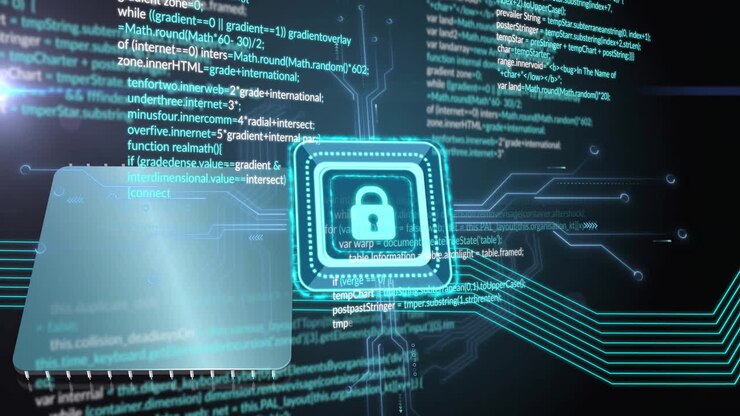 Animazione di un lucchetto su elaborazione dati e codifica binaria su sfondo nero