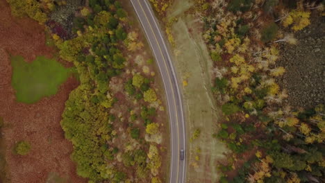 aerial of winding mountain road in colorado on an autumn day