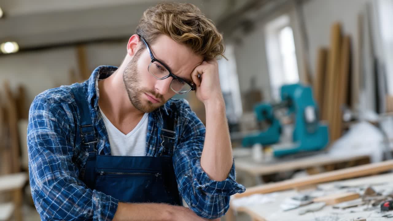 Un artigiano pensieroso riflette sul suo lavoro: uno sguardo alle sfide della professione di falegname catturato in due scatti riflessivi