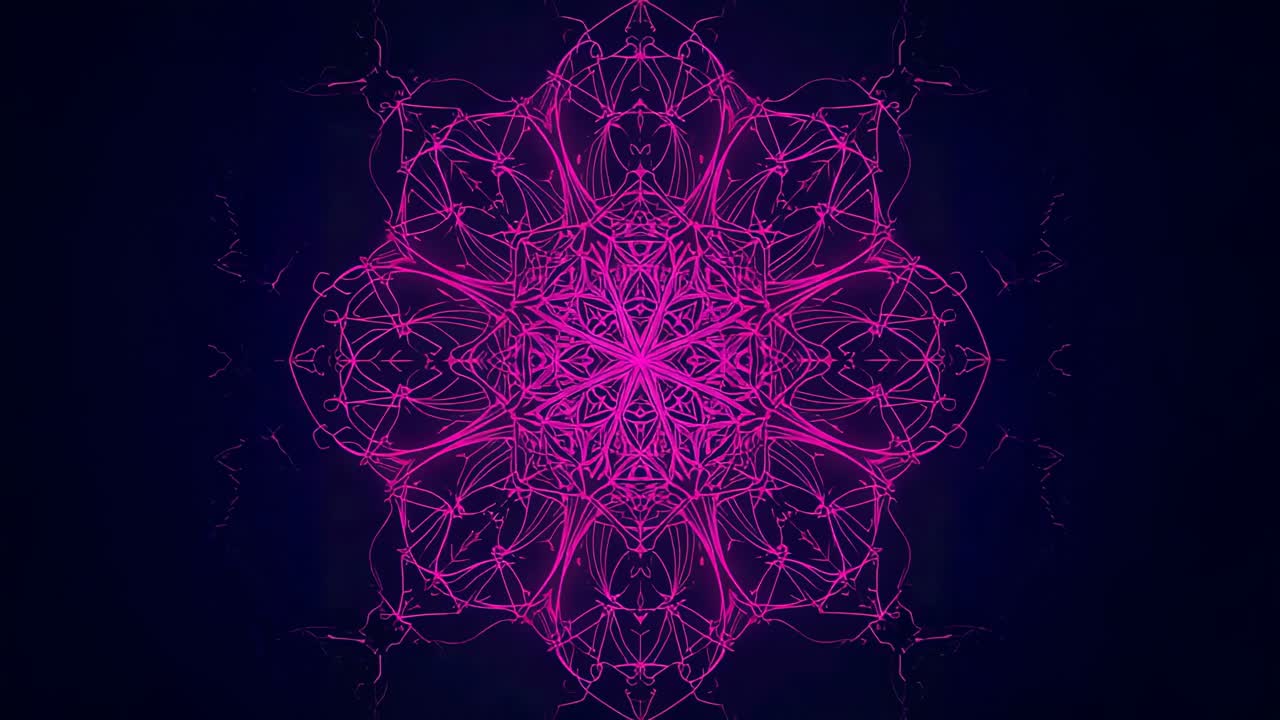 Animating neon-pink mandala duplicating and shifting center to sides on navy with radial filaments