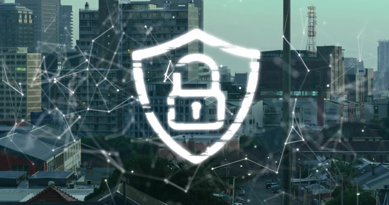 Bright streaks sweeping skyline forming shield with padlock, network pulsing, securing city data