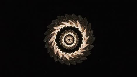 a mesmerizing spiral pattern of leaves and nature's design captured in stunning symmetry against a dark background, evoking depth and tranquility