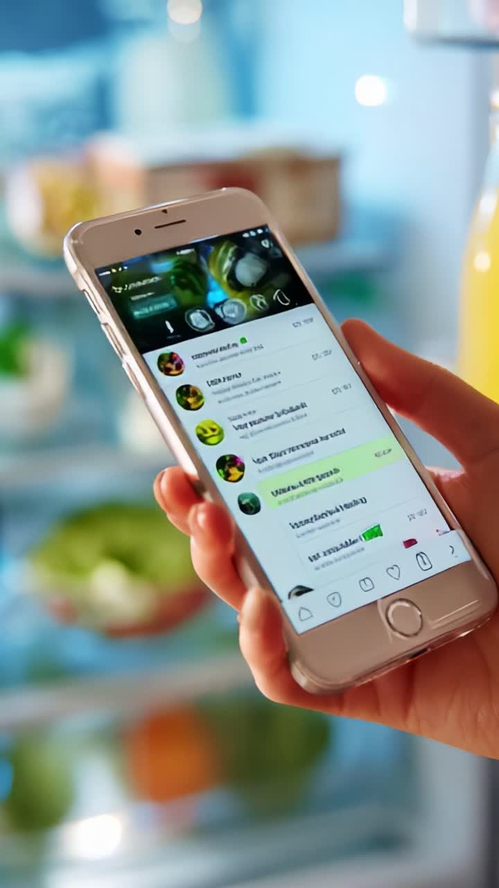 A hand holds a smartphone displaying a messaging app amidst the backdrop of a well-stocked refrigerator, highlighting the intersection of food accessibility and digital communication in modern life