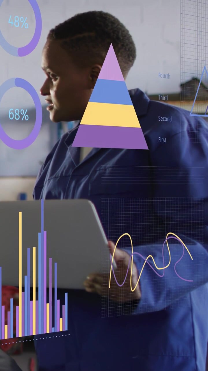 Vertical video: Tech in blue holding tablet causing charts, bars and pyramid shifting for plant ops