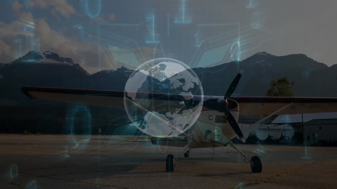 анимация вращающегося глобуса и двоичного кодирования против самолета, припаркованного в аэропорту.
