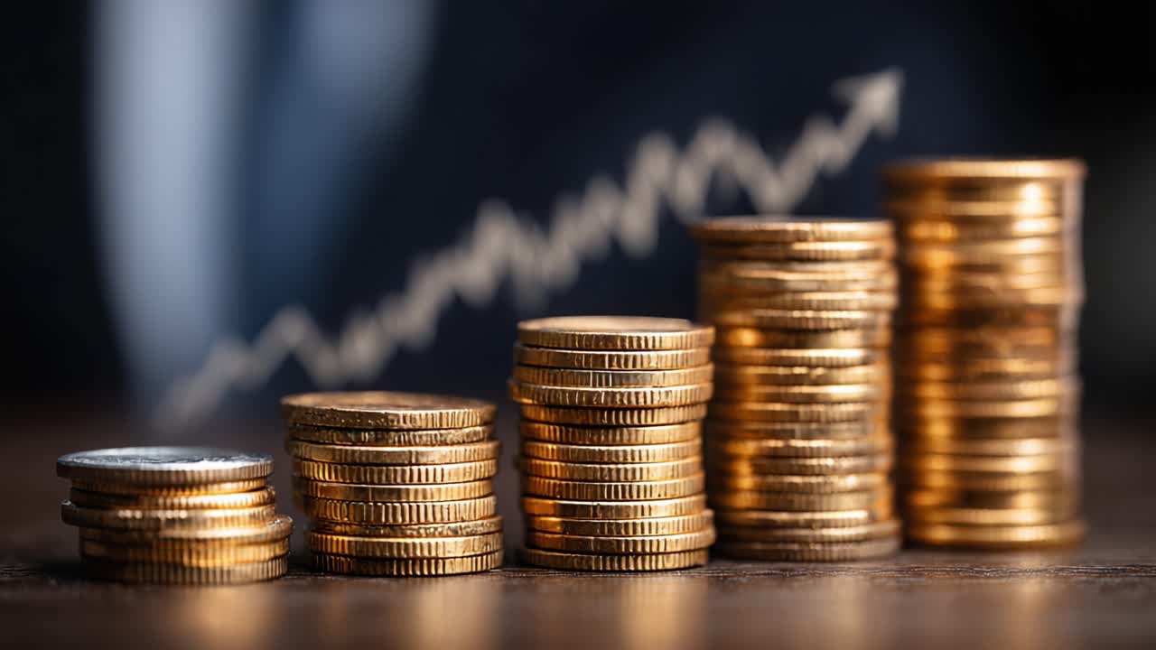 A Close-Up View of Stacked Coins Showing Increasing Financial Growth with an Upward Trend, Symbolizing Prosperity and Investment Success