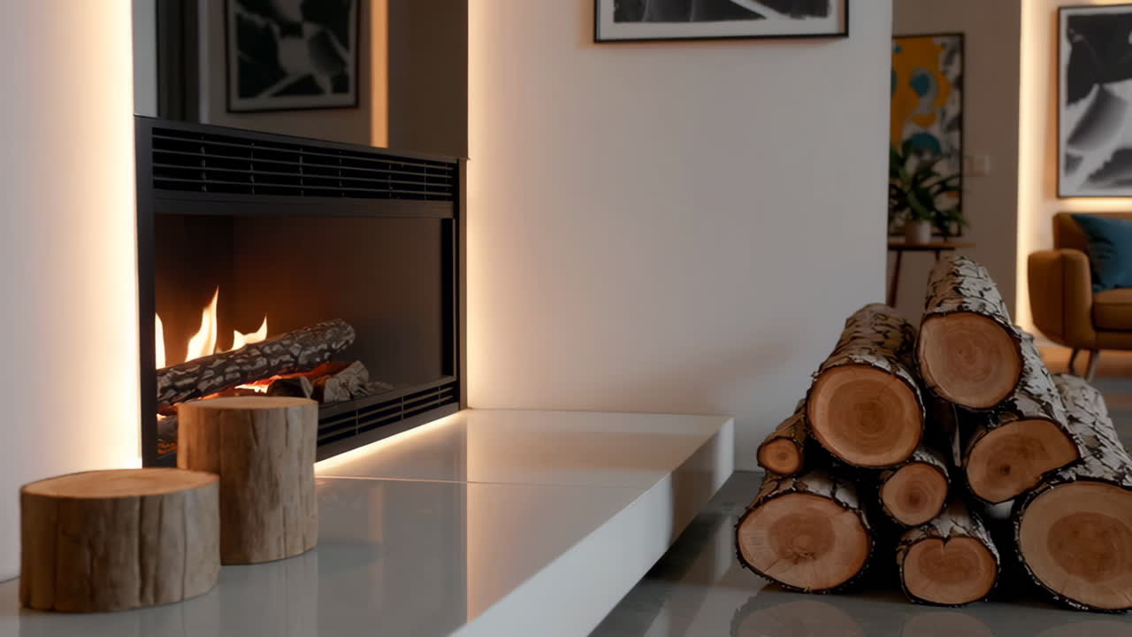 Cozy Modern Living Room with Fireplace and Logs