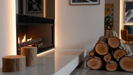 cozy modern living room with fireplace and logs