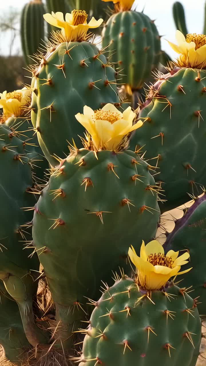 Video verticale: la fotocamera zooma verso la fioritura gialla di un cactus in un giardino arido per rivelare stami e spine