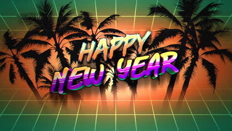 texto de introducción de animación feliz año nuevo y palmeras tropicales fondo de vacaciones retro