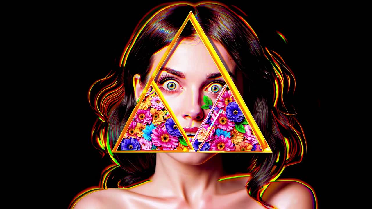 Ritratto artistico di una donna con un'espressione sorpresa, fiori colorati che le coprono la bocca e cornici triangolari luminose, creando un'immagine surreale e accattivante