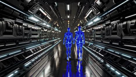 holographic humanoid figures walking inside dark spaceship corridor, illuminated by blue and orange technological lights representing digital connection and futuristic space journey