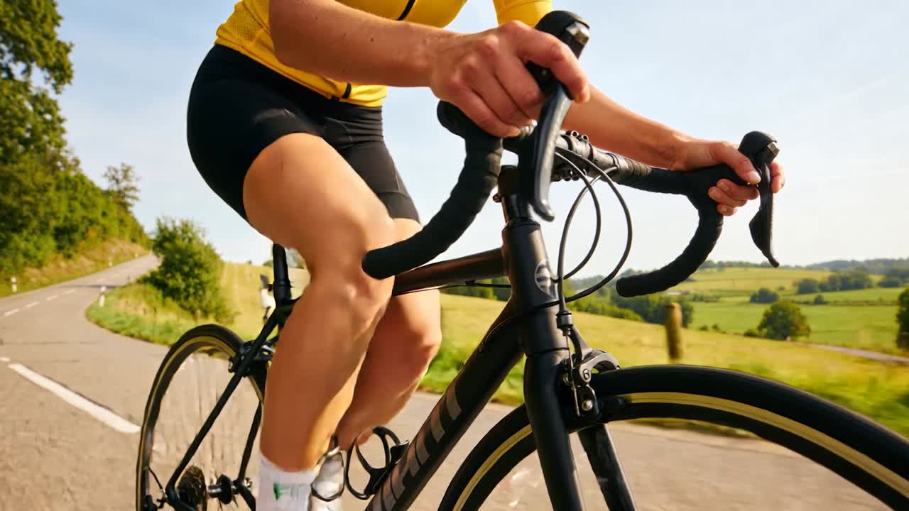 Ciclista pedalando, deslocando o peso enquanto a estrada curva para a esquerda, inclinando-se na bicicleta de estrada, vestindo uma camisa amarela.