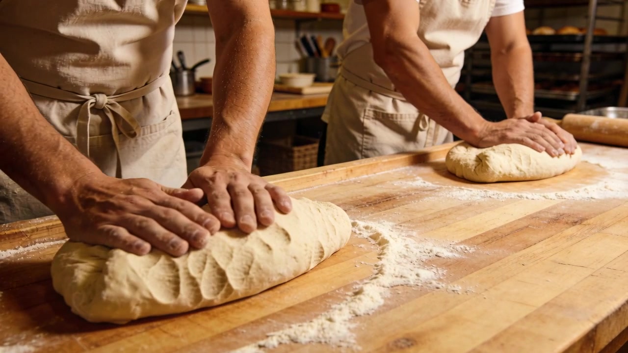 Kneading two bakers wearing aprons pressing and folding two doughs at floured bench, shaping loaves