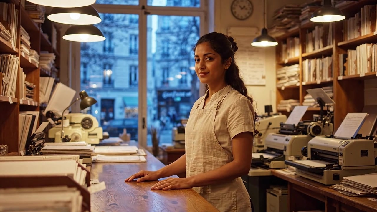 Una Donna Concentrata in un Archivio, Impegnata con Macchine da Scrivere e Faldoni, Catturando l'Essenza degli Ambienti di Lavoro Retrò e la Dedizione al Suo Mestiere