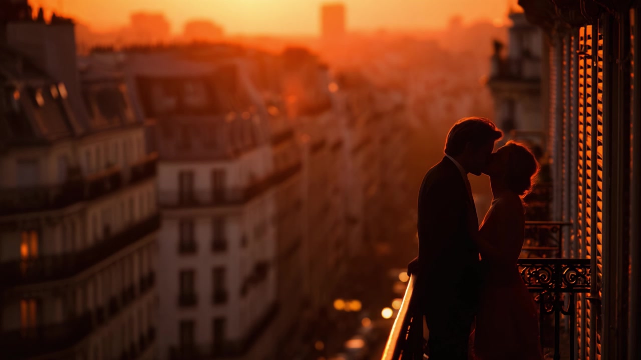 Abrazo romántico al atardecer: una silueta de amor en un balcón con un impresionante paisaje urbano de fondo, que captura la esencia de la pasión y la unión