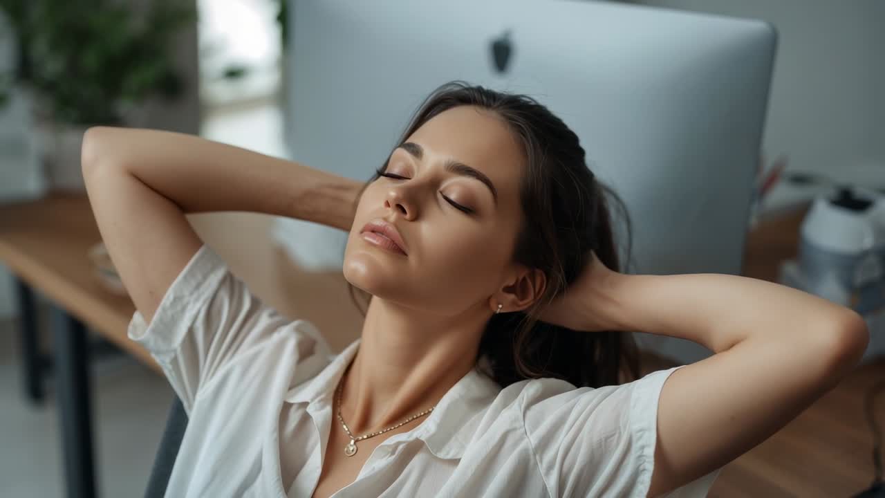 Donna in pausa dal lavoro, appoggiata allo schienale, in camicia bianca, che mette le mani dietro la testa alla scrivania con monitor