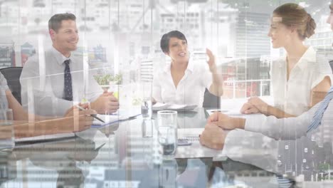 multiple exposure of multiracial business people discussing in conference room over modern buildings