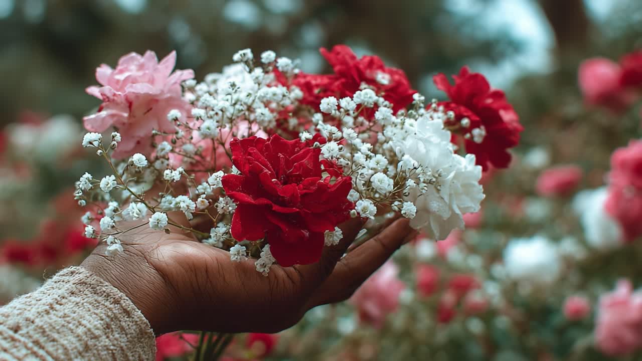 A Handful of Blossoms: Vibrant Display of Colorful Roses and Delicate Baby's Breath in Nature's Embrace Capturing Beauty and Elegance