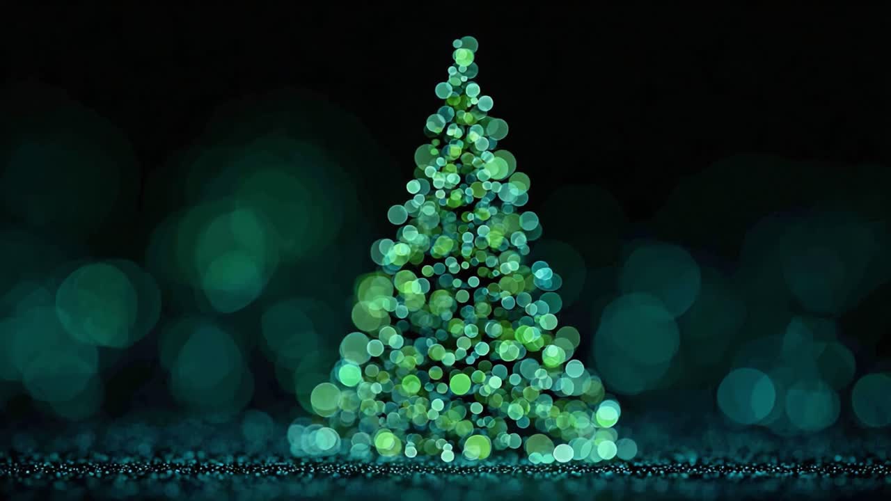 A Beautifully Illuminated Christmas Tree Crafted with Mesmerizing Green and Blue Bokeh Lights, Exuding a Festive Atmosphere Perfect for Holiday Celebrations