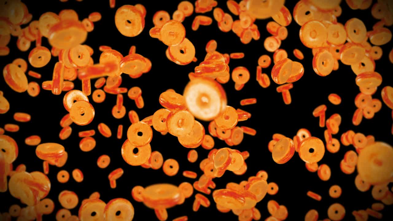 volando muchas rosquillas planas en fondo negro. pastel de rosquillas, dulces, postre. animación en 3d de la rotación de las rosquillas. animación de bucle.