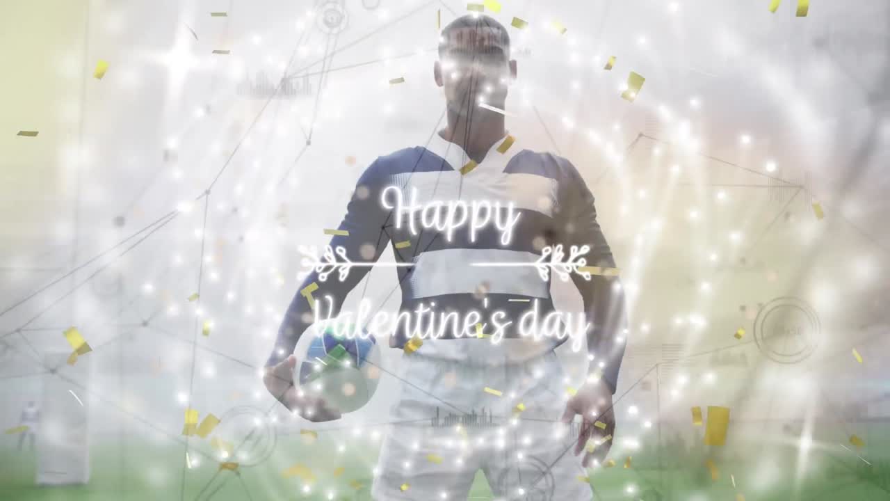 Animation of happy valentine's day text and confetti over african american rugby player