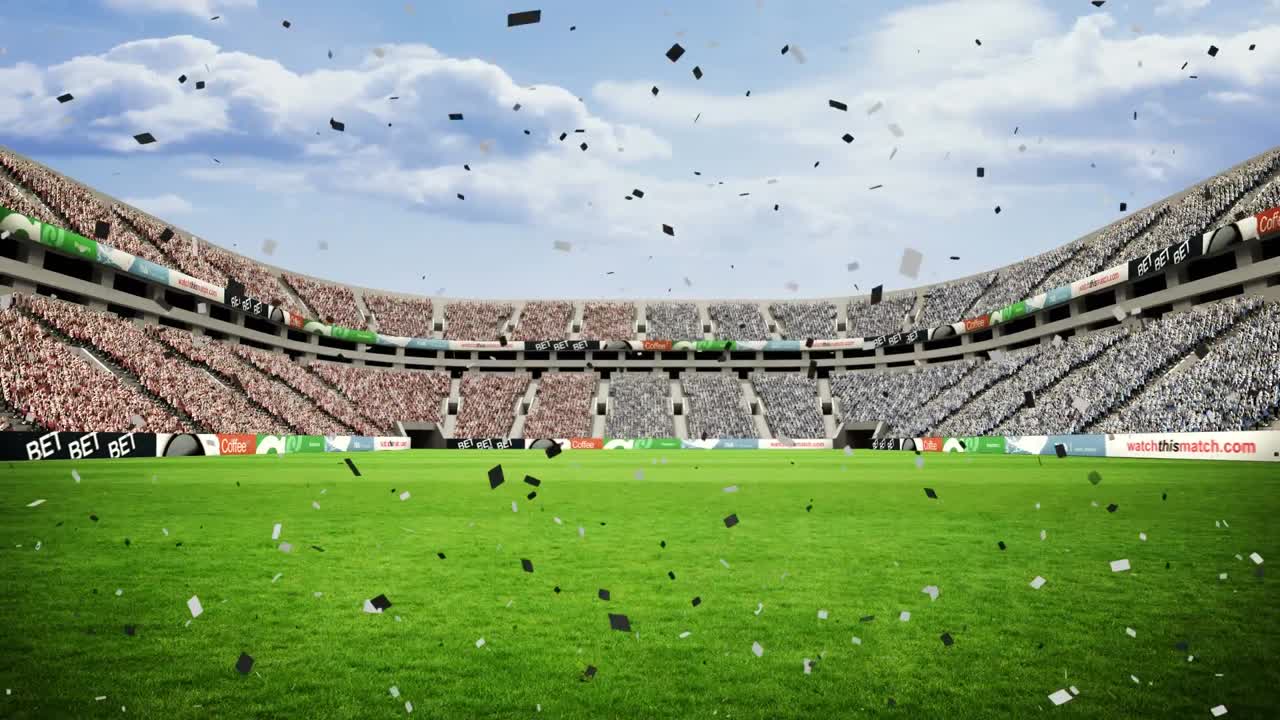 animación de confeti cayendo sobre el estadio deportivo