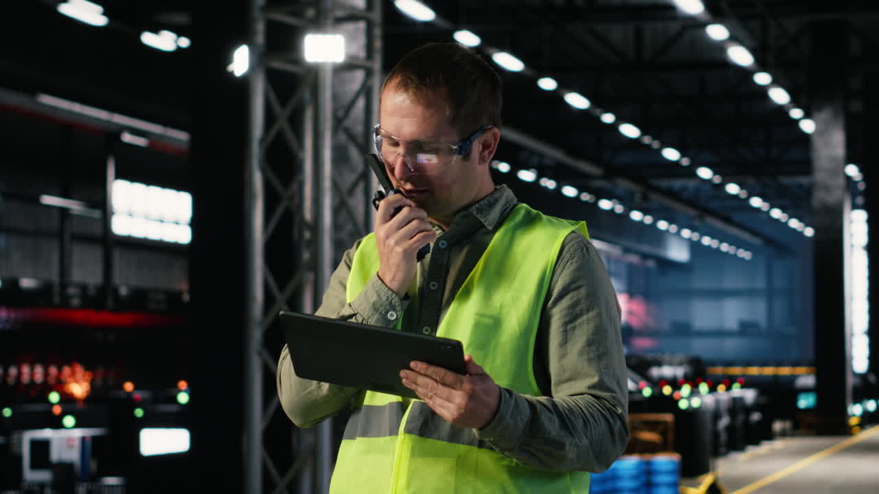 Employee speaking through walkie talkie radio to oversee machinery operation