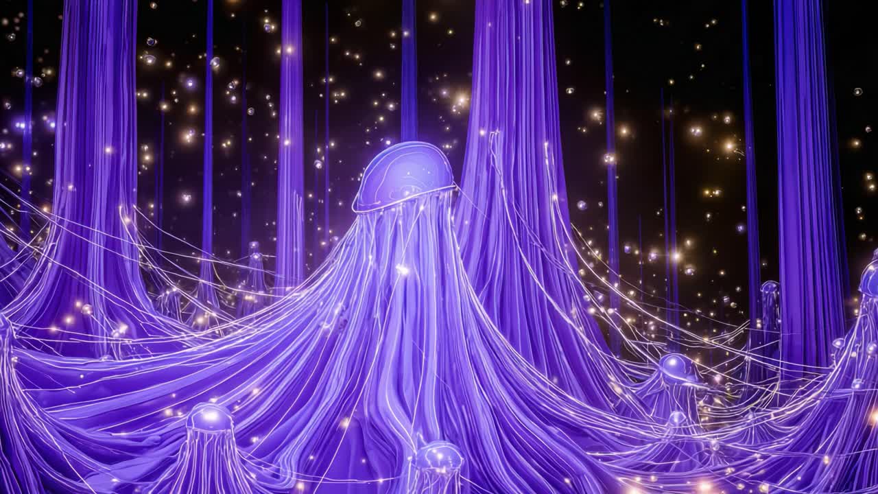 Mysterious glowing jellyfish drifting through a surreal purple ribbon forest with sparkling golden lights, creating an ethereal, otherworldly dreamscape animation for magical backgrounds
