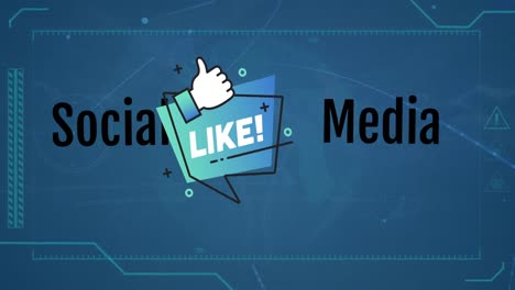 Animation-of-social-media-text-with-thumbs-up-icon-over-data-processing-on-blue-background