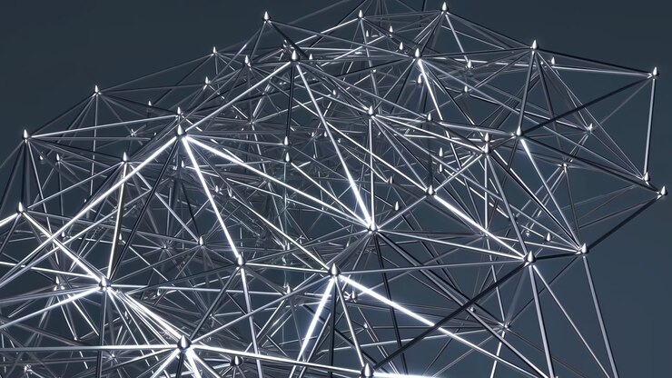 Sleek Metallic Network Nodes Glowing In Dark Studio Space, Thin Illuminated Lines Connect Vertices Into
