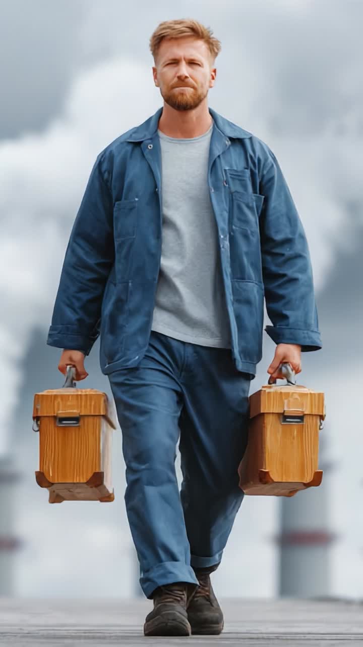 A determined man, carrying wooden containers, walks confidently towards an industrial setting, embodying resilience amidst the backdrop of smoke and machinery