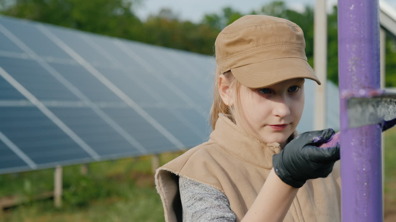 ребенок красит столбы на домашней солнечной электростанции 1