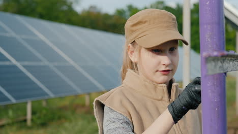 a child paints poles at a home solar power plant 1