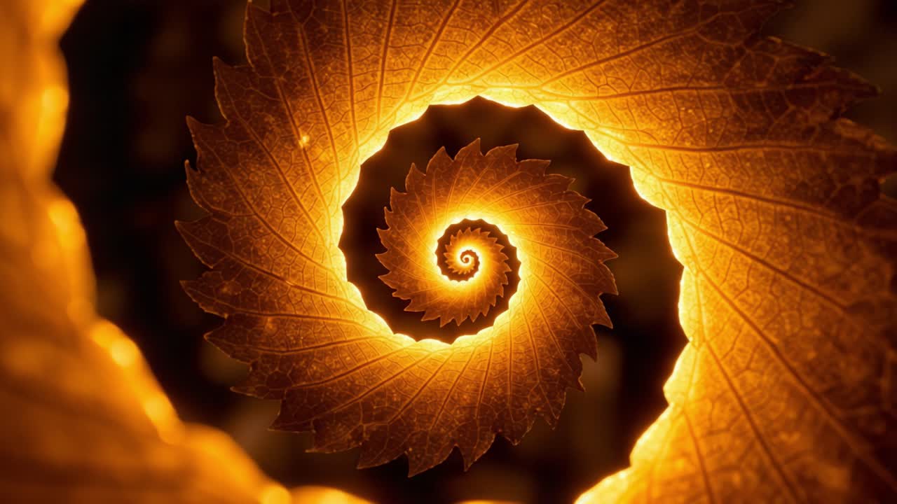 A mesmerizing visual of an intricate spiral formed by golden leaves, showcasing nature's elegance and the beauty of design in a captivating, infinite pattern