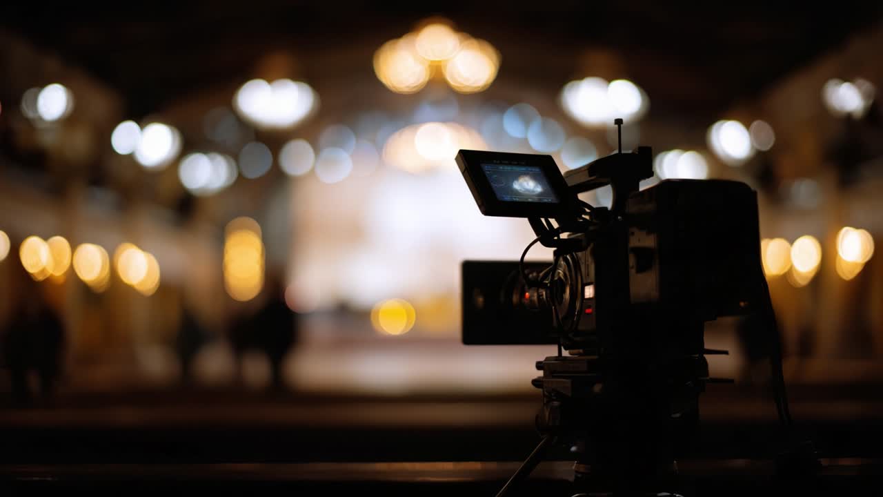Et professionelt filmoptagelses-setup, der fanger kunstnerisk belysning i et stort område med slørede baggrunde og fokus på det kameraudstyr, der bruges i videografi