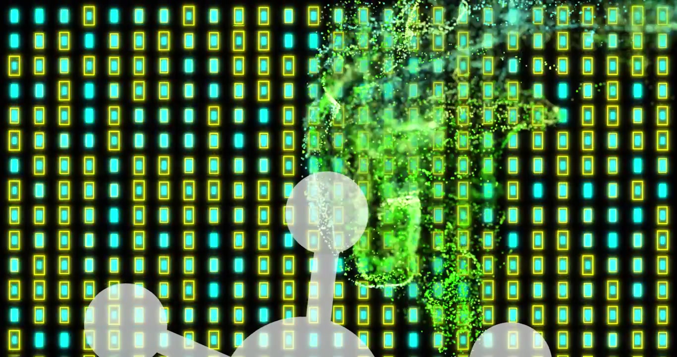Animation of shapes over moving columns and light spots on black background