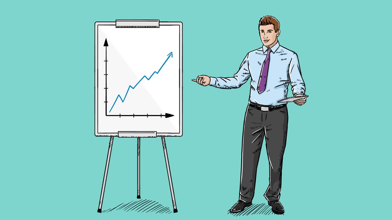 Sketch style colored doodle animation of businessman showing corporate growth on flipchart. Talking animation and gesturing is in easy to edit loop.
