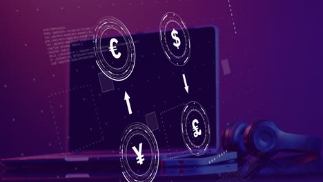 animation of currency symbols with data processing over laptop on purple background