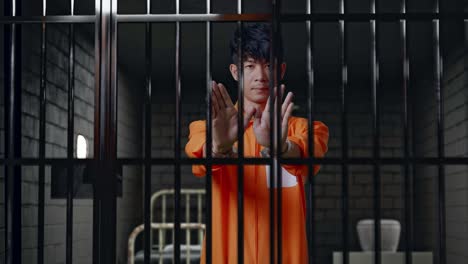 asian male prisoner in handcuffs standing in prison, shaking his head and showing rejecting gesture by stop palm sign