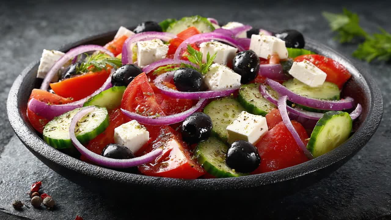 En frisk og fargerik salatbolle: En sprek blanding av tomater, agurker, rødløk, svarte oliven og fetaost, perfekt for et sunt kosthold