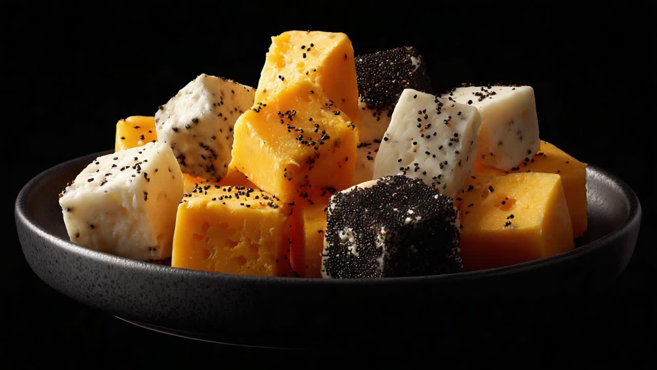 A Vibrant Display of Variously Seasoned Cheeses in Vivid Colors: A Close-Up of Textured Cubes on a Black Plate
