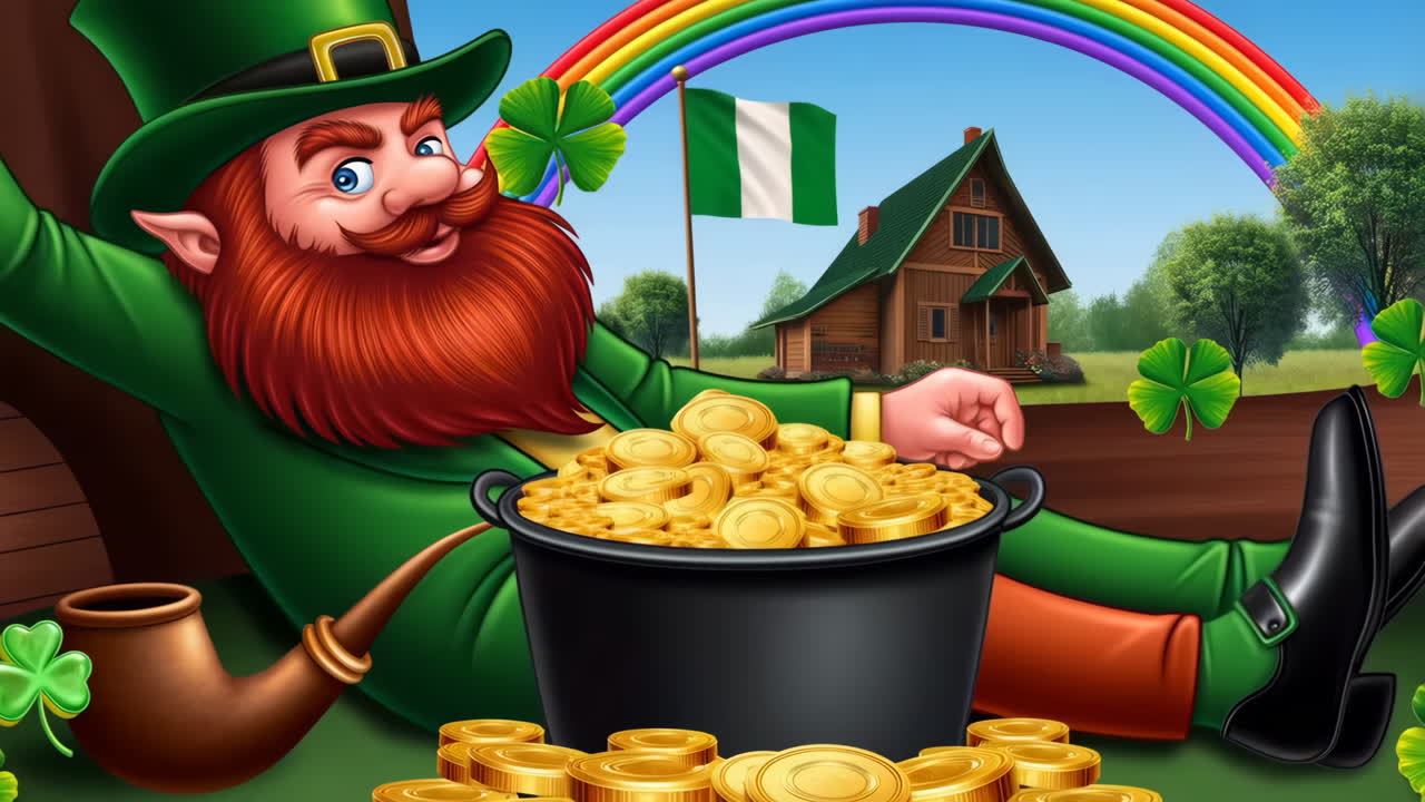 Leprechaun with Pot of Gold and Rainbow