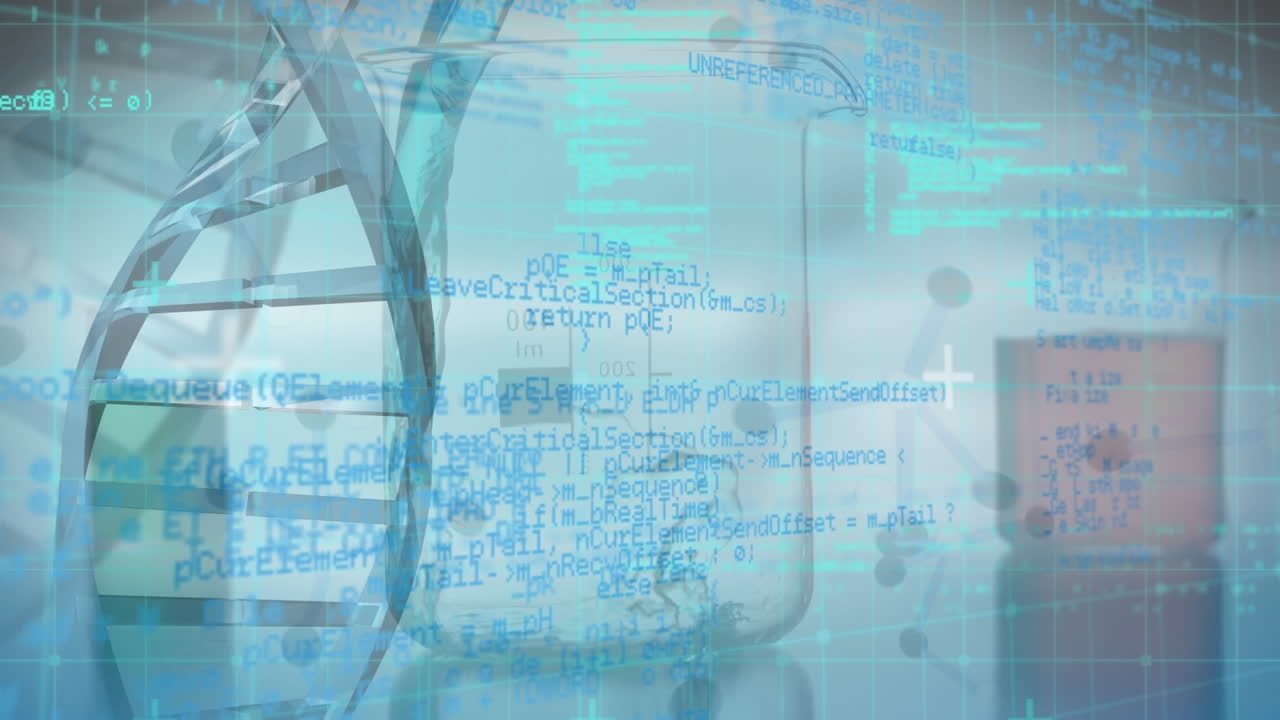 분자 및 dna 구조의 애니메이션 데이터 처리를 통해 화학 물질을 컵에 부어 넣는 것에 대항합니다.