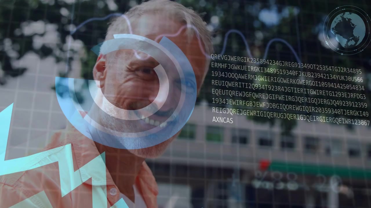 Senior man walking urban sidewalk tapping tablet, activating HUD graphs collecting live analytics